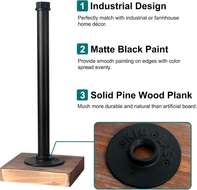 HouseAid Industrial Pipe Paper Towel Holder Stand, Free-Standing Farmhouse Kitchen Towel Holder, Rustic Paper Towel Rack for Countertop, Matte Black - Image 4